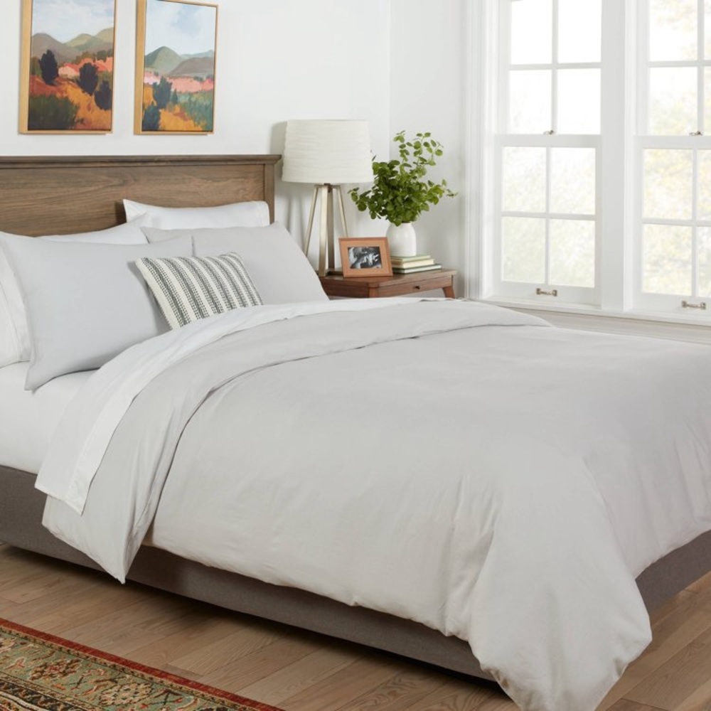 NWT Threshold Washed Cotton Sateen Twin/Twin XL Light Gray Duvet Cover Set